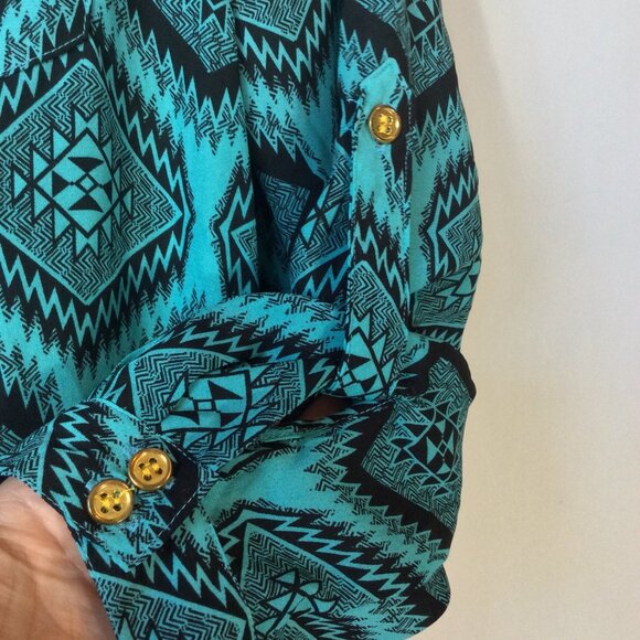 Wishful Park Turquoise & Black Aztec Print Blouse Size M - Picture 6 of 9